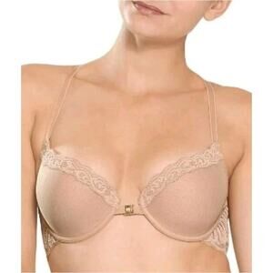 Natori Feathers front close mesh trim t-back bra sz 36D